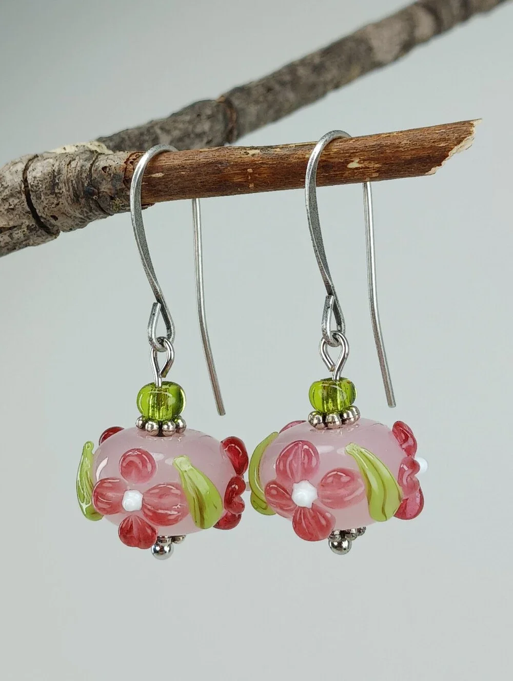 Pink Lampwork Glass Flower Earrings Cottage Garden Artisan Hand Crafted - Picture 2 of 6